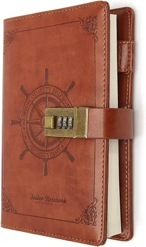 B6 Leather Journal Notebook with Combination Lock, Travel Sailor Writing Diary Personal Planner Organizers As Gift for Girls Boys Women, 7.87 X 5.51 in