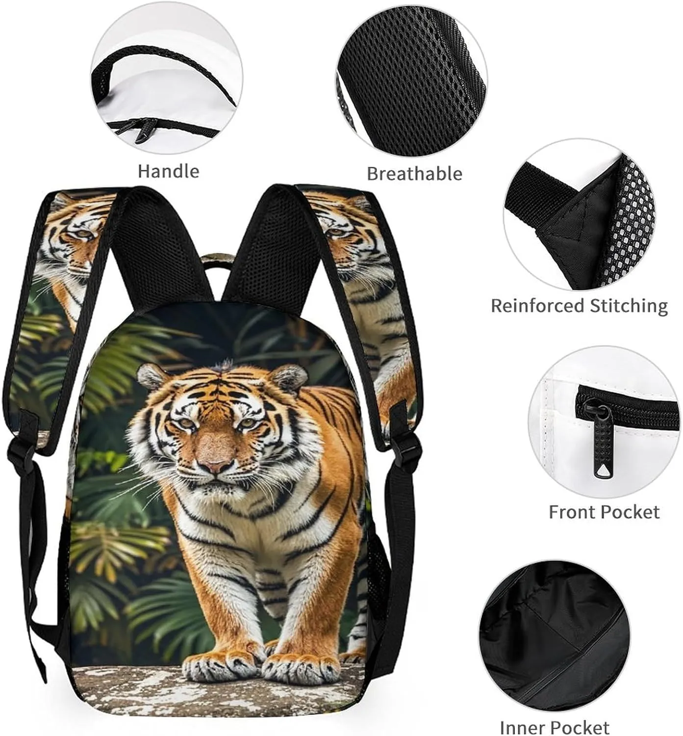 Backpack Lunch Bag Pencil Pouch Set, Tiger on A Boulder Print Lightweight & Durable 3-Piece Combo Ideal for Work, And Travel