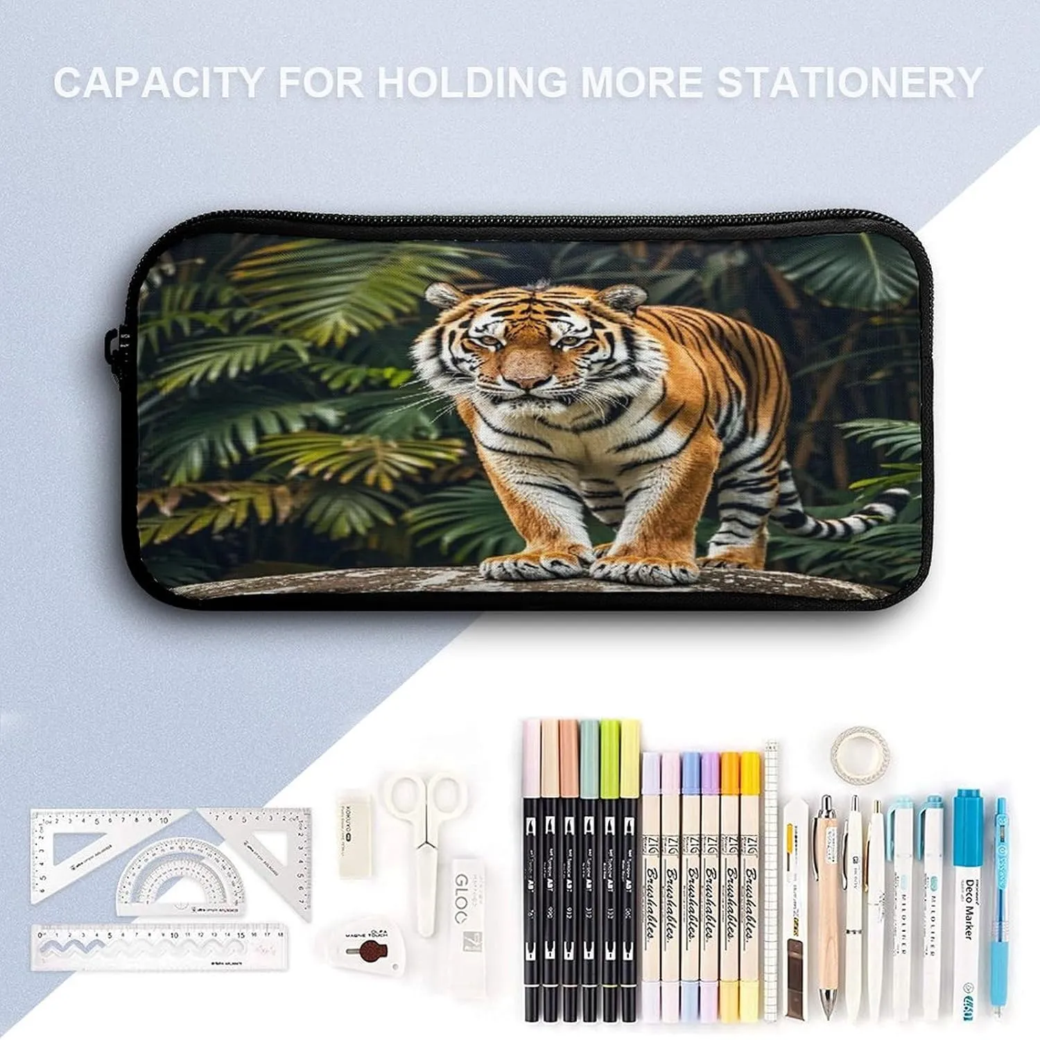 Backpack Lunch Bag Pencil Pouch Set, Tiger on A Boulder Print Lightweight & Durable 3-Piece Combo Ideal for Work, And Travel