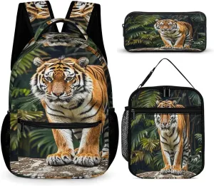Backpack Lunch Bag Pencil Pouch Set, Tiger on A Boulder Print Lightweight & Durable 3-Piece Combo Ideal for Work, And Travel