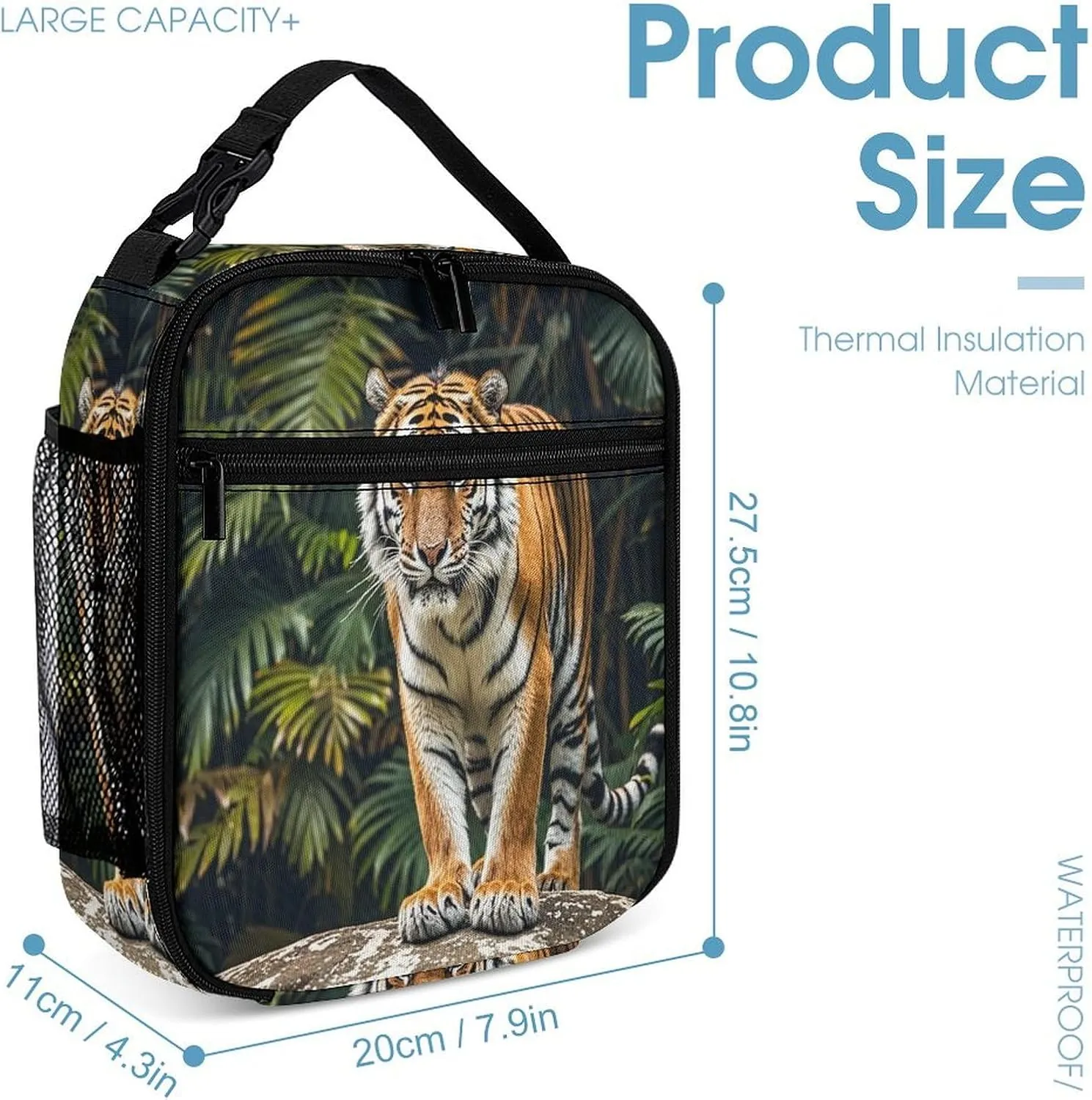 Backpack Lunch Bag Pencil Pouch Set, Tiger on A Boulder Print Lightweight & Durable 3-Piece Combo Ideal for Work, And Travel