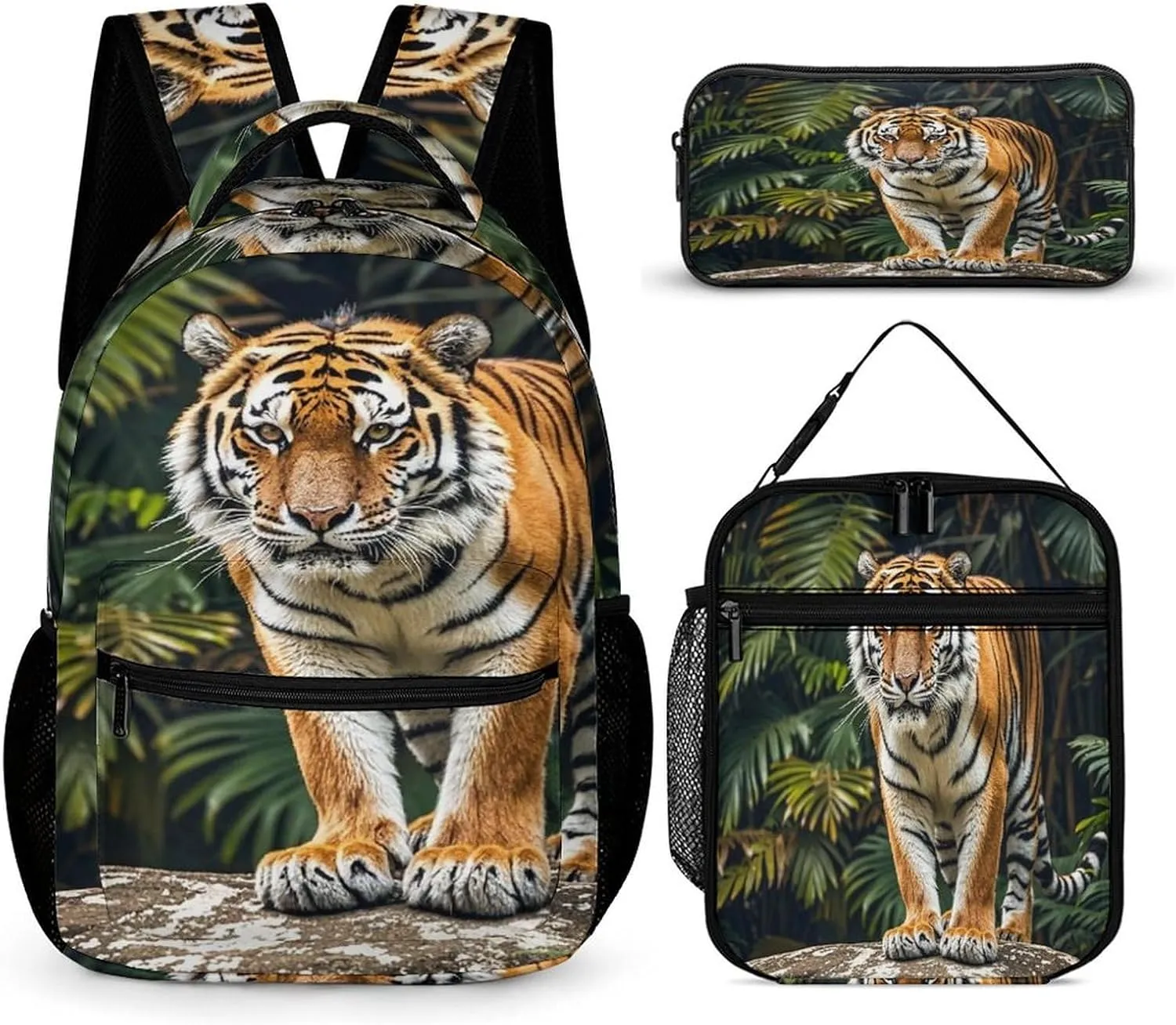 Backpack Lunch Bag Pencil Pouch Set, Tiger on A Boulder Print Lightweight & Durable 3-Piece Combo Ideal for Work, And Travel