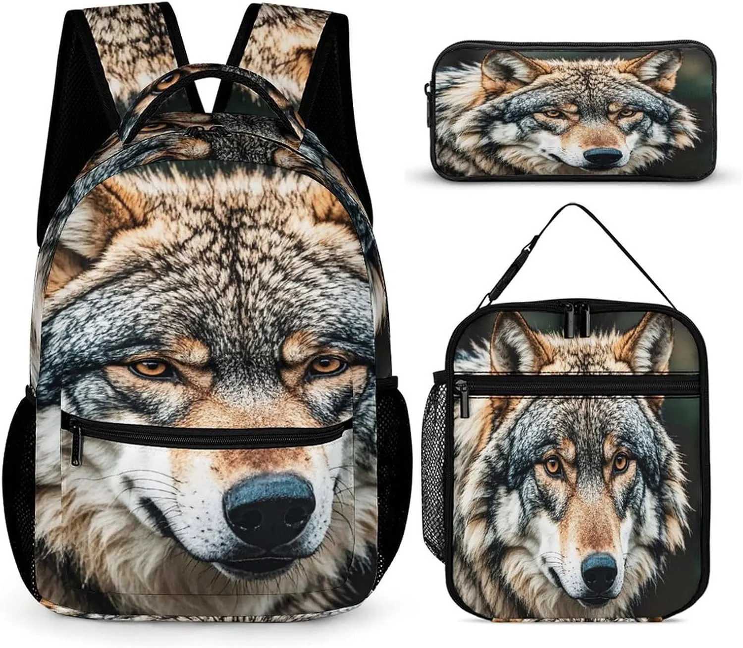 Backpack Lunch Bag Pencil Pouch Set, Wolves Print Lightweight & Durable 3-Piece Combo Ideal for Work, And Travel