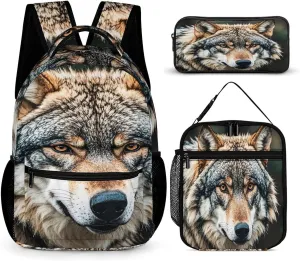 Backpack Lunch Bag Pencil Pouch Set, Wolves Print Lightweight & Durable 3-Piece Combo Ideal for Work, And Travel