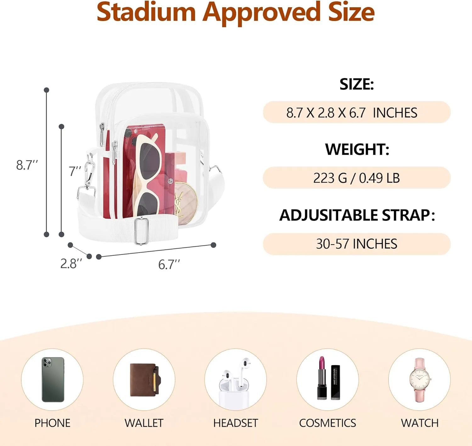 Bagenius Clear Bag for Stadium Events, Clear Purse with Removable Strap, Transparent Bag for Sports Concert and Festivals