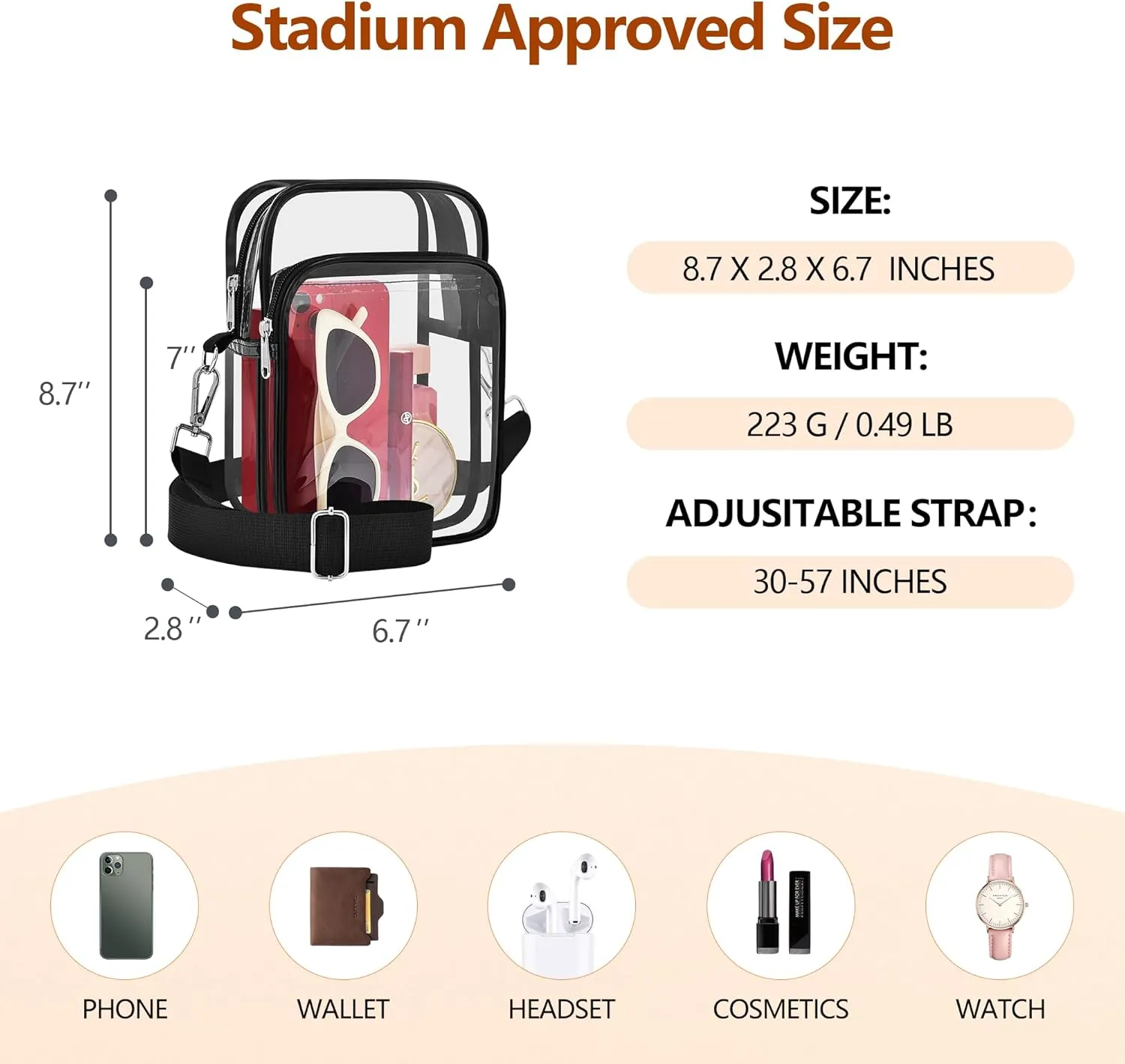 Bagenius Clear Bag for Stadium Events, Clear Purse with Removable Strap, Transparent Bag for Sports Concert and Festivals