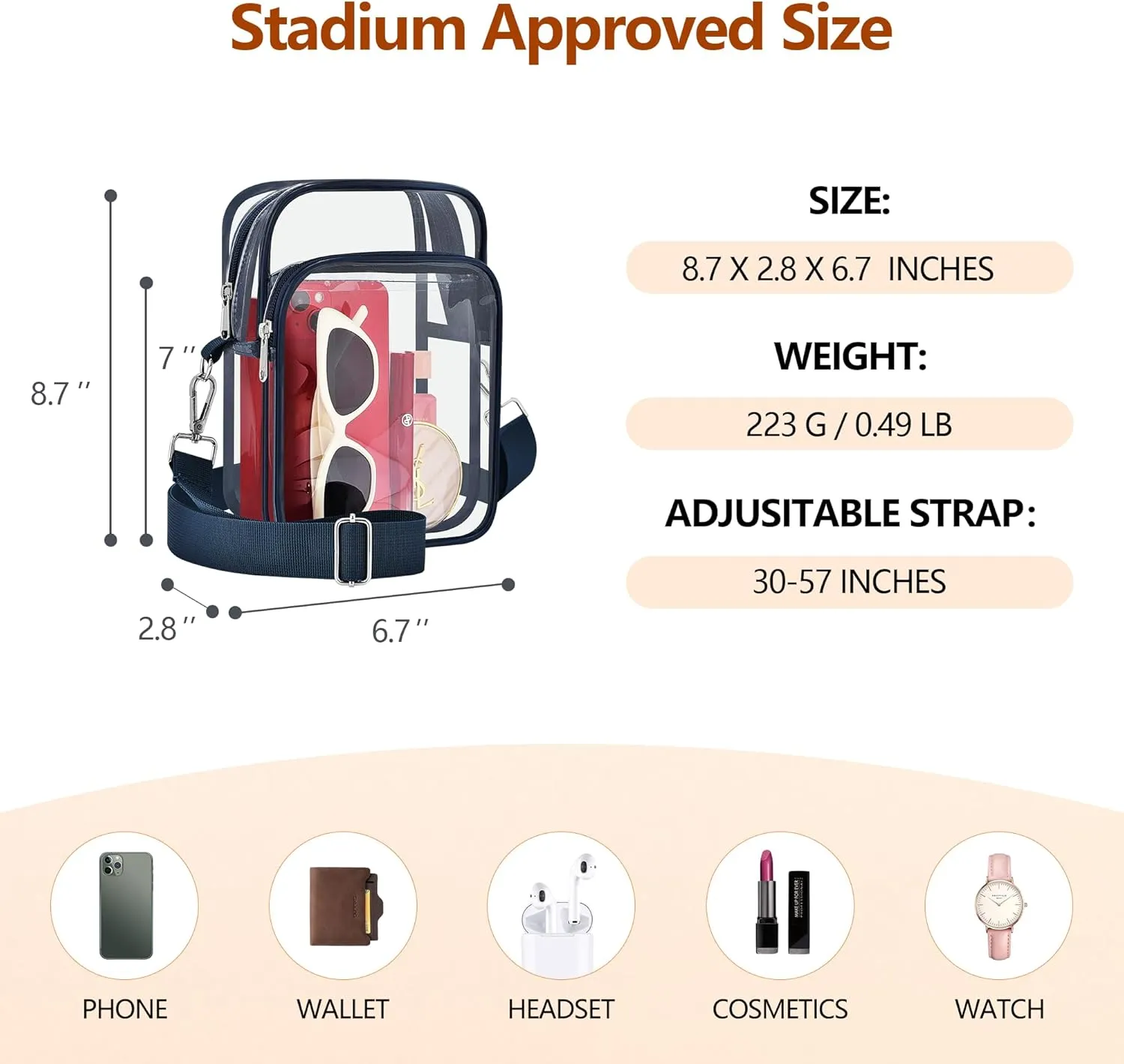 Bagenius Clear Bag for Stadium Events, Clear Purse with Removable Strap, Transparent Bag for Sports Concert and Festivals