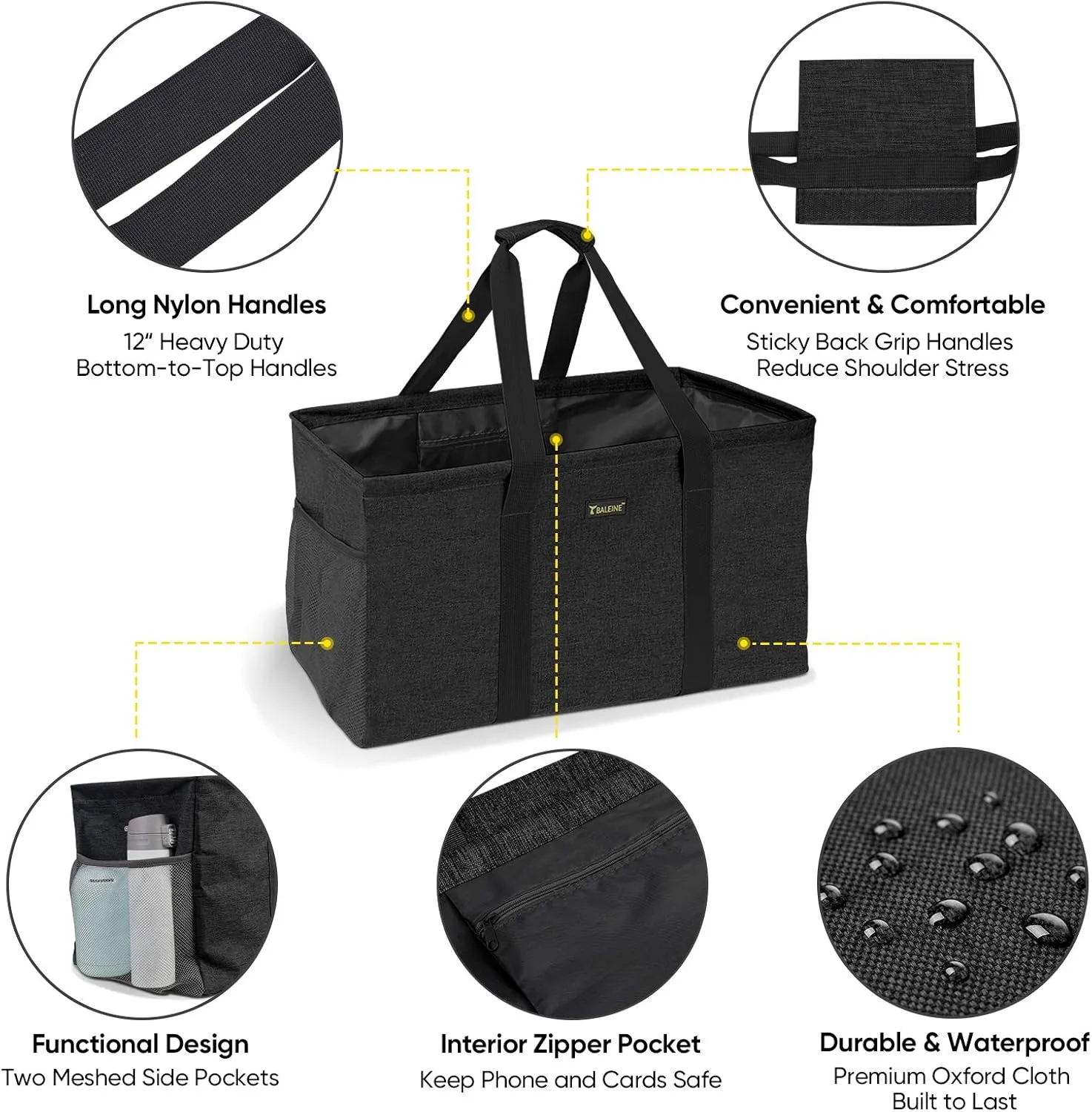 BALEINE Extra Large Utility Tote Bag with Wire Frame for Storage (Black, 22''x12''x10'')
