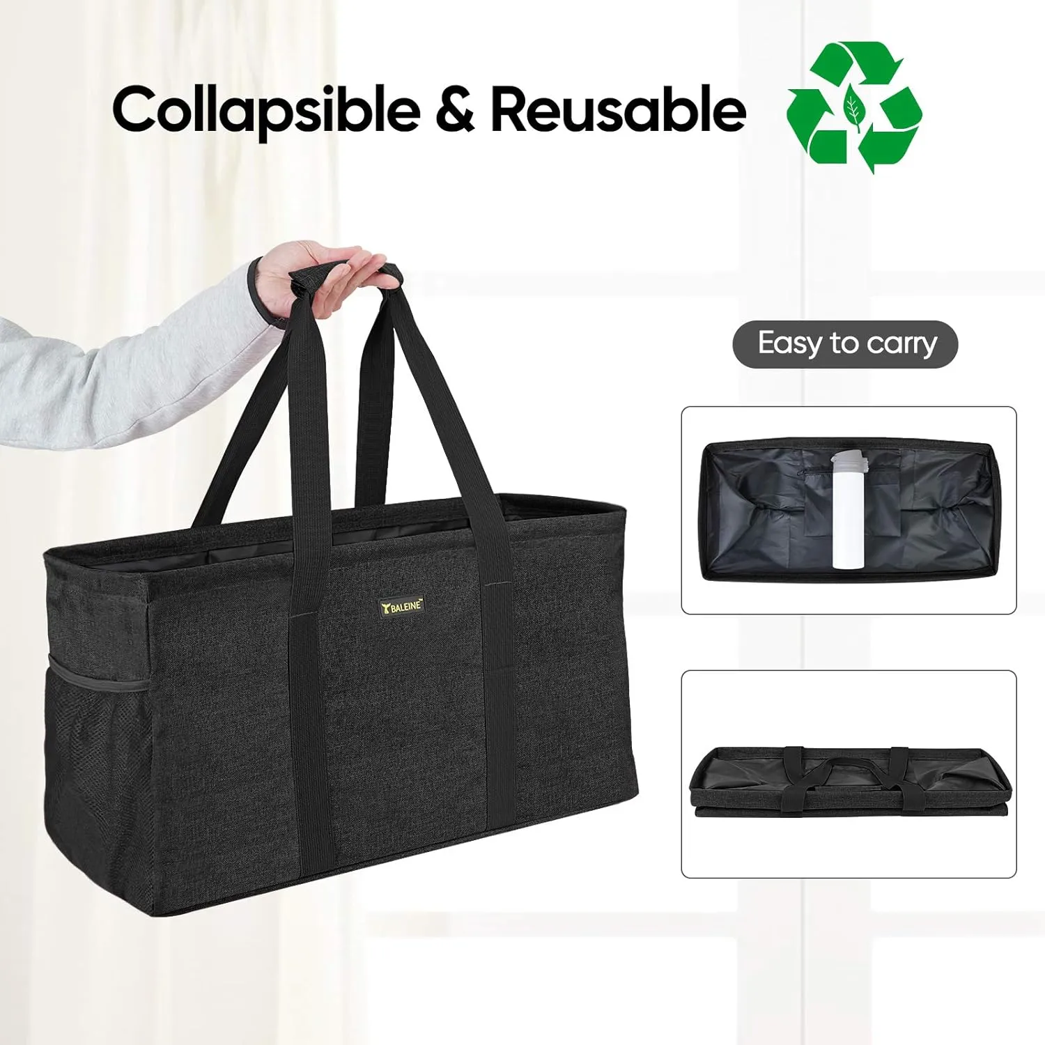 BALEINE Extra Large Utility Tote Bag with Wire Frame for Storage (Black, 22''x12''x10'')