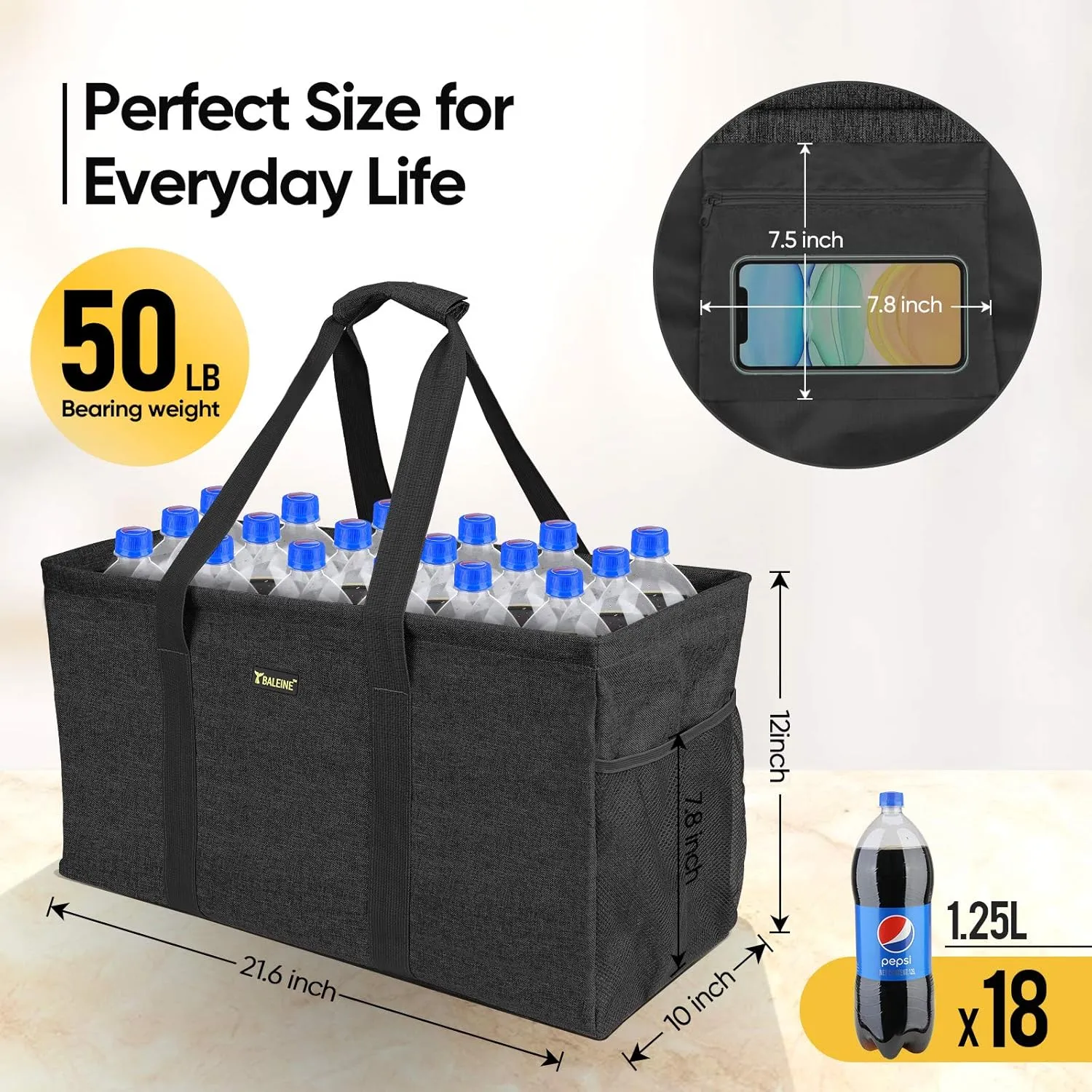 BALEINE Extra Large Utility Tote Bag with Wire Frame for Storage (Black, 22''x12''x10'')