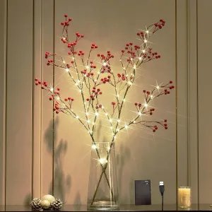BAOLITVINE Lighted Red Berry Branches with Timer Battery Operated, Artificial Tree Branch with Red Berry 80 Fairy Lights for Home Bedroom Fireplace Christmas Holiday Decoration