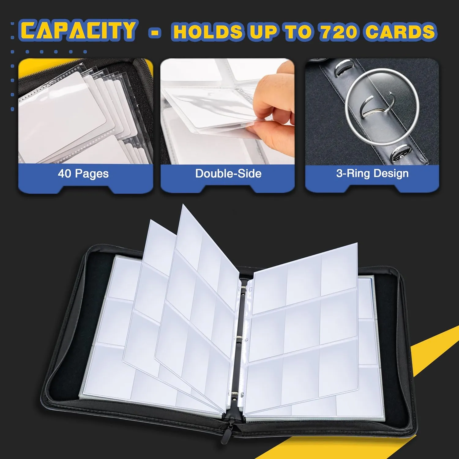 Baseball Card Binder, CLOVERCAT 9 Pocket Sports card binder, 720 Double Sided Pocket Zipper Album, Baseball cards Display Holder, Expandable, Compatible with Gaming Cards, Yugioh, MTG and Other TCG