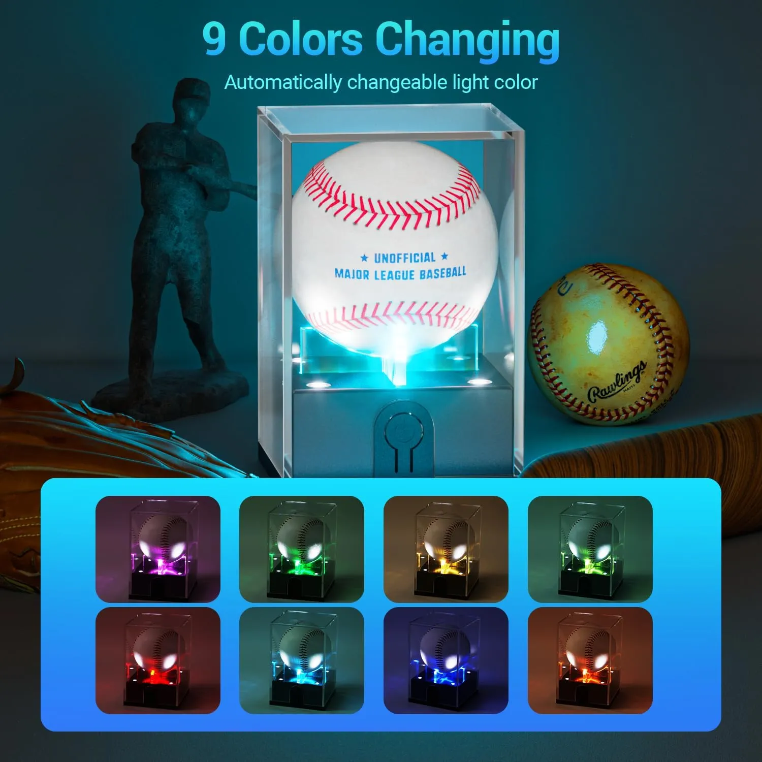 Baseball Display Case with Led Light, Light up Baseball Case for Display, Acrylic Baseball Holder Display Case, UV Protected Clear Baseball Stand Baseball Cube for Memorabilia Baseball Gifts