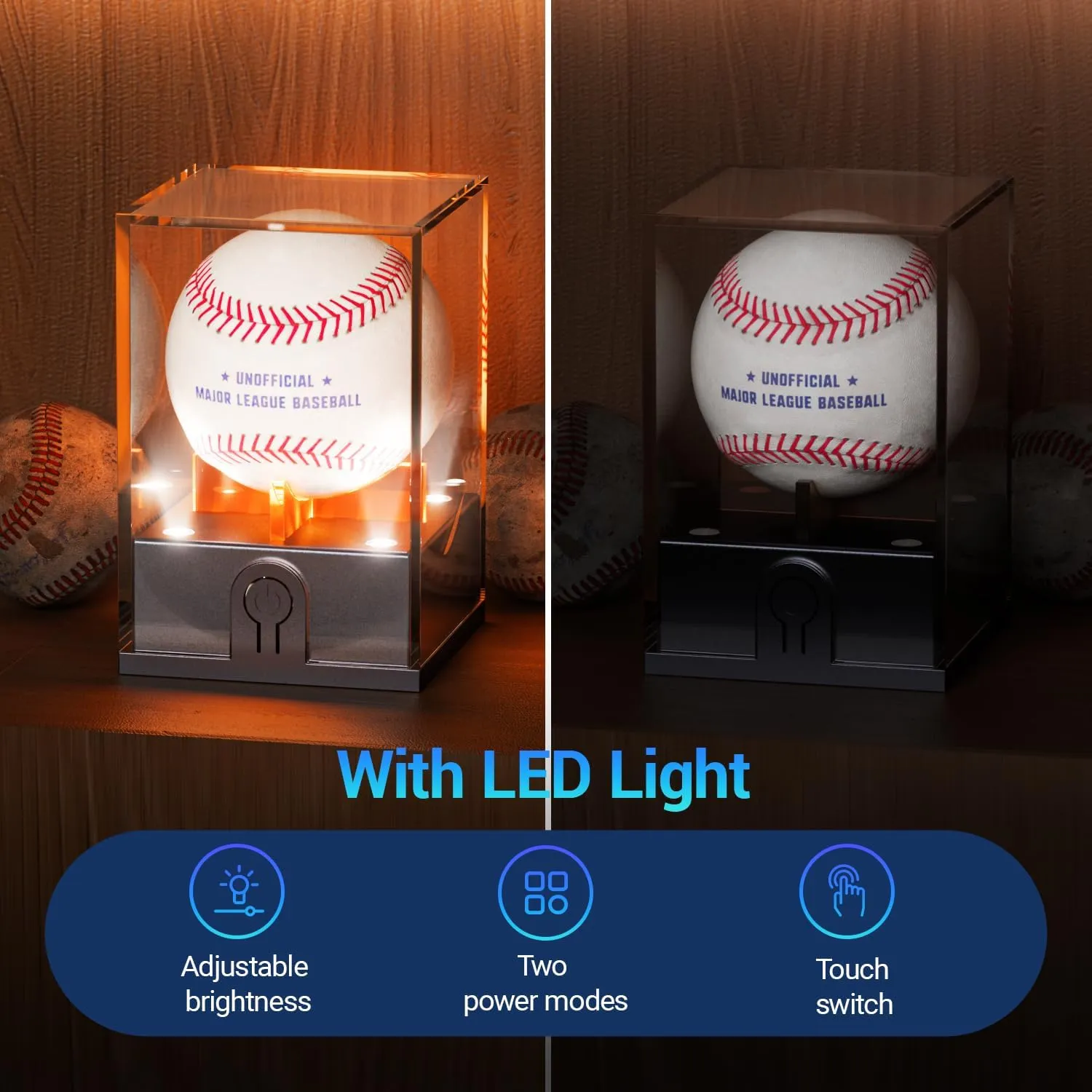 Baseball Display Case with Led Light, Light up Baseball Case for Display, Acrylic Baseball Holder Display Case, UV Protected Clear Baseball Stand Baseball Cube for Memorabilia Baseball Gifts