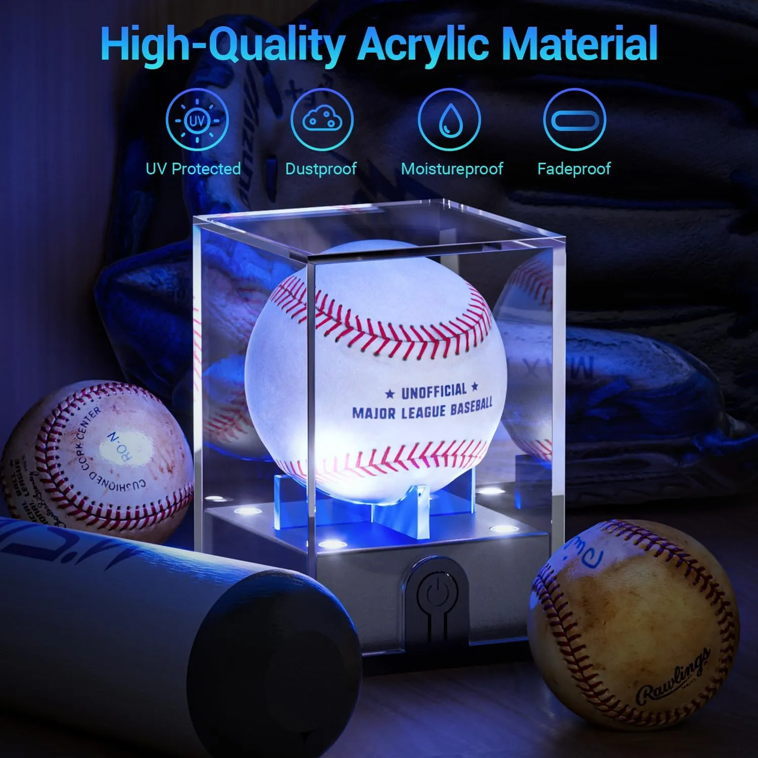 Baseball Display Case with Led Light, Light up Baseball Case for Display, Acrylic Baseball Holder Display Case, UV Protected Clear Baseball Stand Baseball Cube for Memorabilia Baseball Gifts