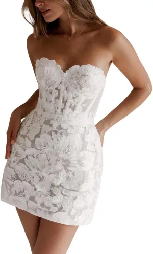 Basgute Short Wedding Dresses for Bride Beach Lace Applique Tulle Strapless Boho Corset Mini Bridal Dress