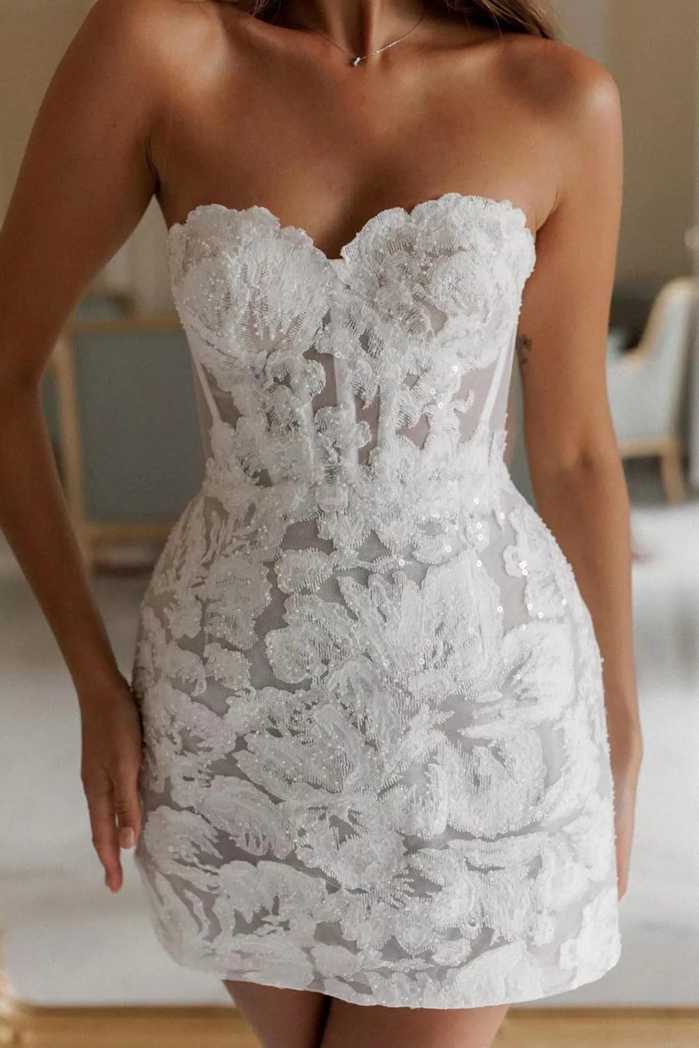 Basgute Short Wedding Dresses for Bride Beach Lace Applique Tulle Strapless Boho Corset Mini Bridal Dress