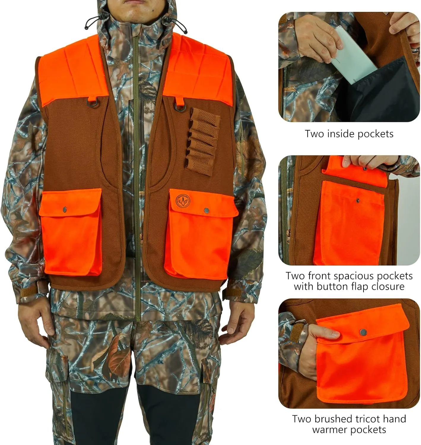 BASSDASH Upland Game Field Water-Resistant Bird Hunting Vest with Multi Pockets Brown/Orange Men Women FV11