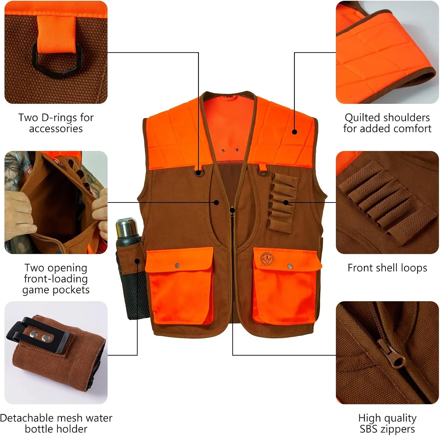 BASSDASH Upland Game Field Water-Resistant Bird Hunting Vest with Multi Pockets Brown/Orange Men Women FV11