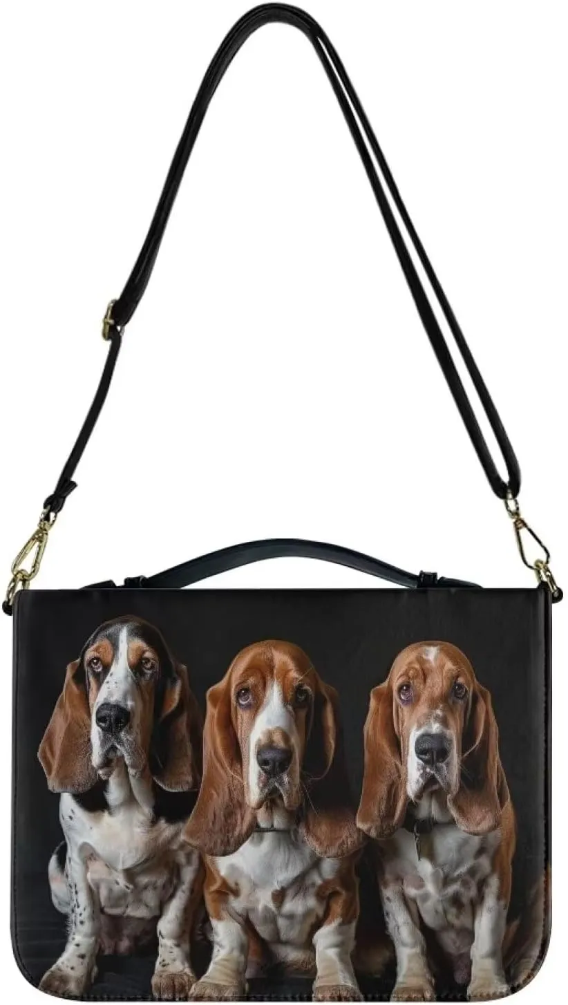 Basset Hound Bible Carrying Case Bible Cover with Shoulder Strap for Women Girls, Leather Bible Bag Church Bag Bible Tote Bag for Church Study, L
