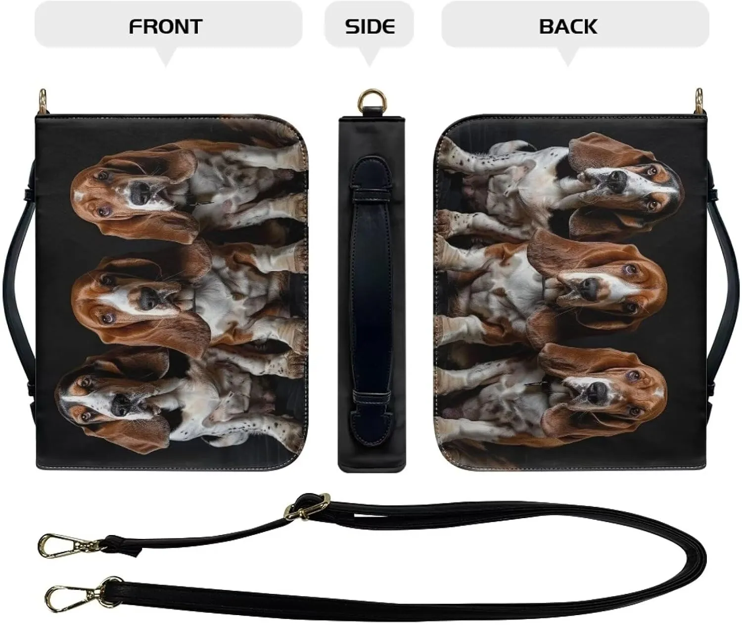 Basset Hound Bible Carrying Case Bible Cover with Shoulder Strap for Women Girls, Leather Bible Bag Church Bag Bible Tote Bag for Church Study, L