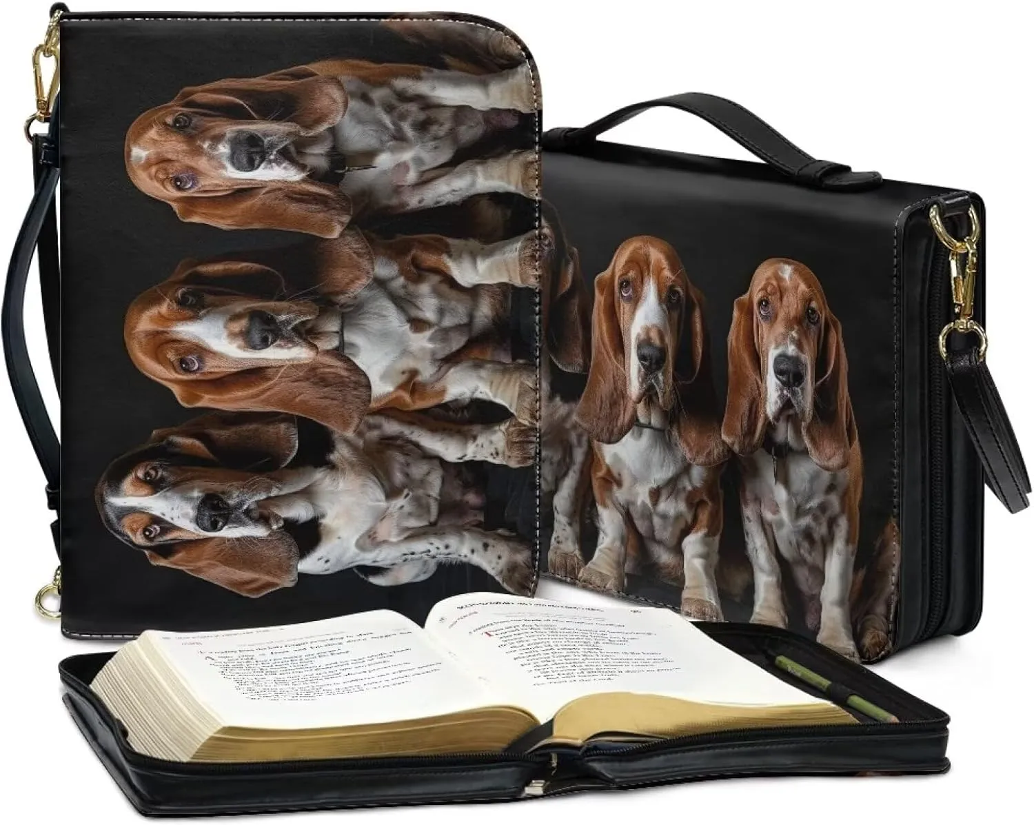 Basset Hound Bible Carrying Case Bible Cover with Shoulder Strap for Women Girls, Leather Bible Bag Church Bag Bible Tote Bag for Church Study, L