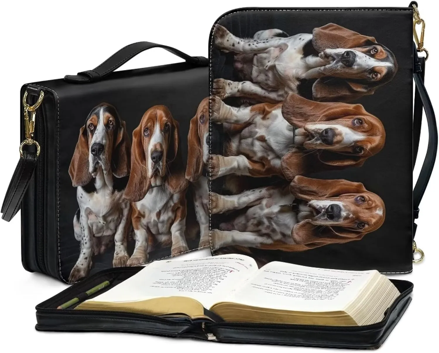 Basset Hound Bible Carrying Case Bible Cover with Shoulder Strap for Women Girls, Leather Bible Bag Church Bag Bible Tote Bag for Church Study, L