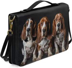 Basset Hound Bible Carrying Case Bible Cover with Shoulder Strap for Women Girls, Leather Bible Bag Church Bag Bible Tote Bag for Church Study, L