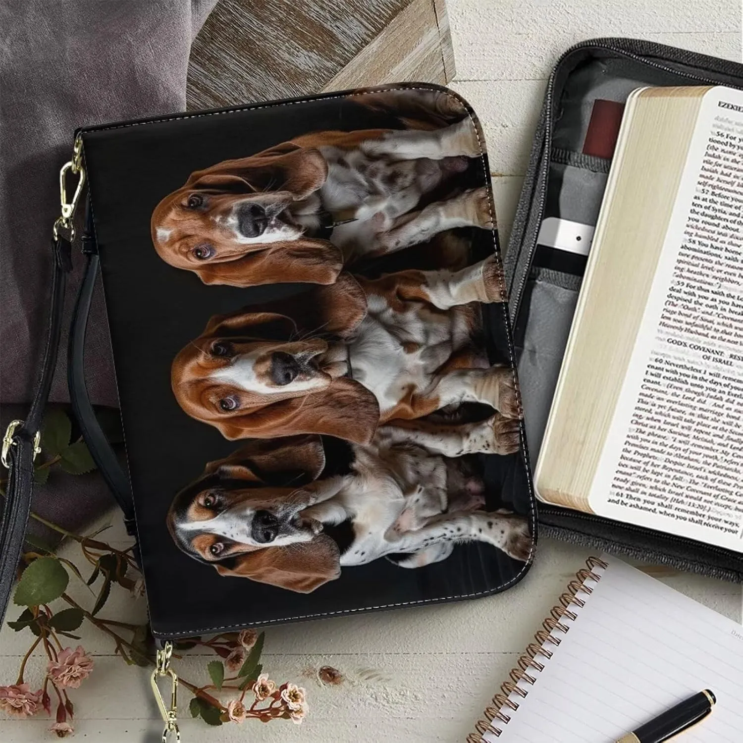Basset Hound Bible Carrying Case Bible Cover with Shoulder Strap for Women Girls, Leather Bible Bag Church Bag Bible Tote Bag for Church Study, L