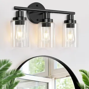 Bathroom Light Fixtures Black Vanity Light, 3 Light Wall Sconces Lighting Bathroom Lights with Clear Glass Shades, Bath Wall Lights Wall Lamp for Mirror, Kitchen, Living Room, Bedroom, Hallway
