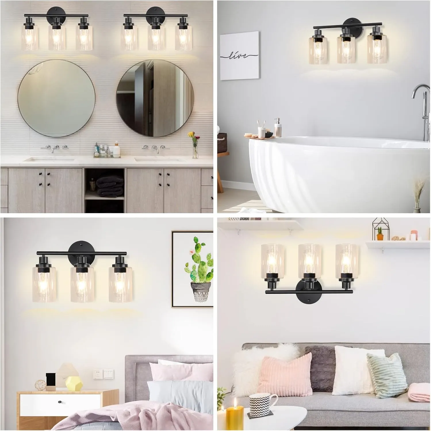 Bathroom Light Fixtures Black Vanity Light, 3 Light Wall Sconces Lighting Bathroom Lights with Clear Glass Shades, Bath Wall Lights Wall Lamp for Mirror, Kitchen, Living Room, Bedroom, Hallway