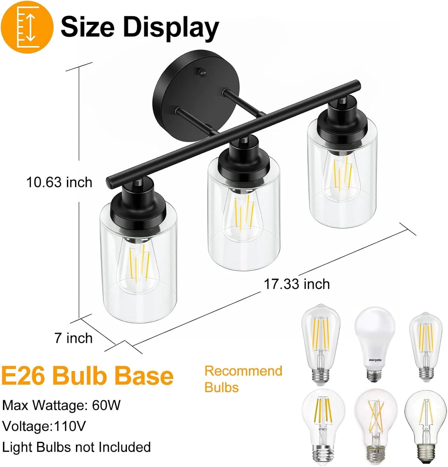 Bathroom Light Fixtures Black Vanity Light, 3 Light Wall Sconces Lighting Bathroom Lights with Clear Glass Shades, Bath Wall Lights Wall Lamp for Mirror, Kitchen, Living Room, Bedroom, Hallway