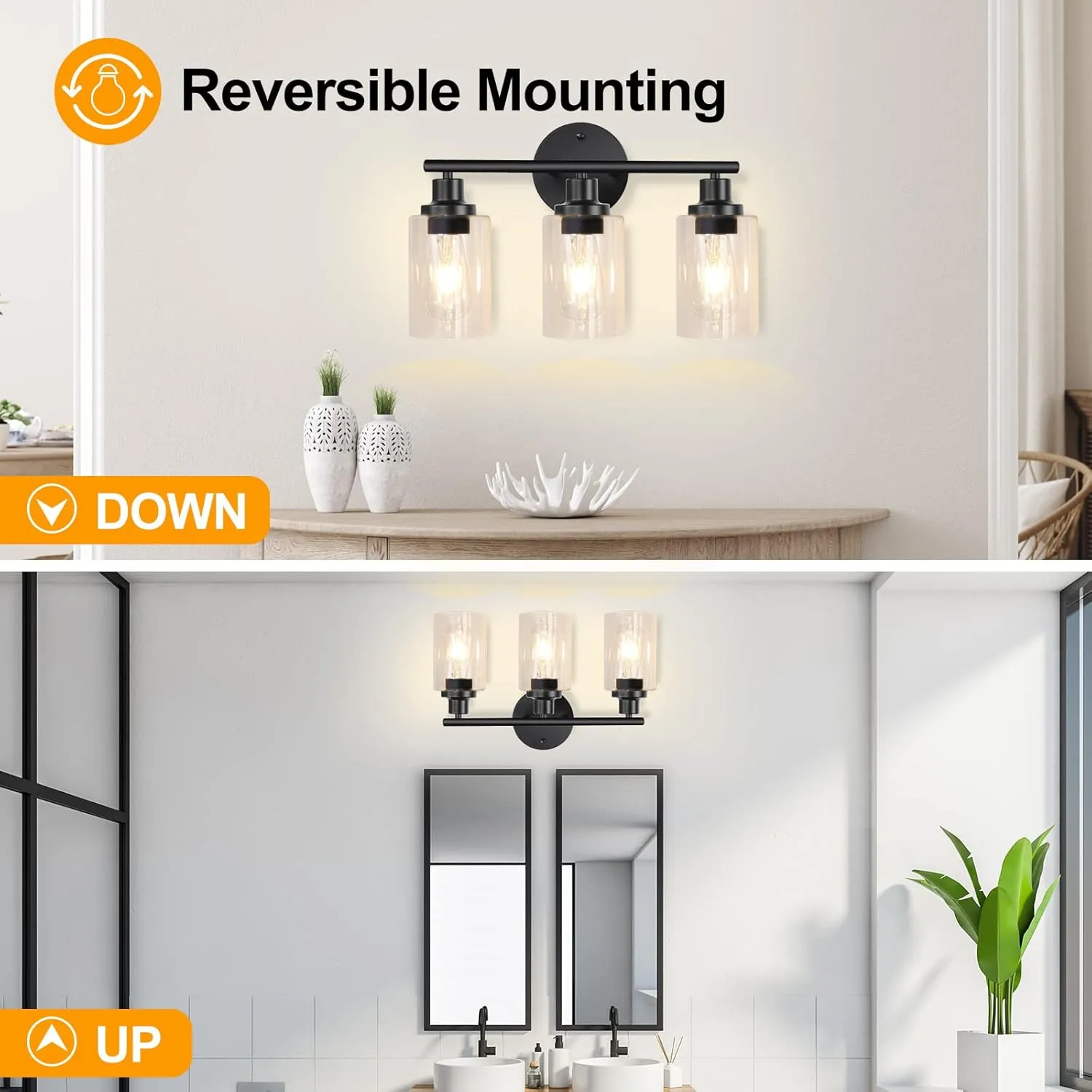 Bathroom Light Fixtures Black Vanity Light, 3 Light Wall Sconces Lighting Bathroom Lights with Clear Glass Shades, Bath Wall Lights Wall Lamp for Mirror, Kitchen, Living Room, Bedroom, Hallway