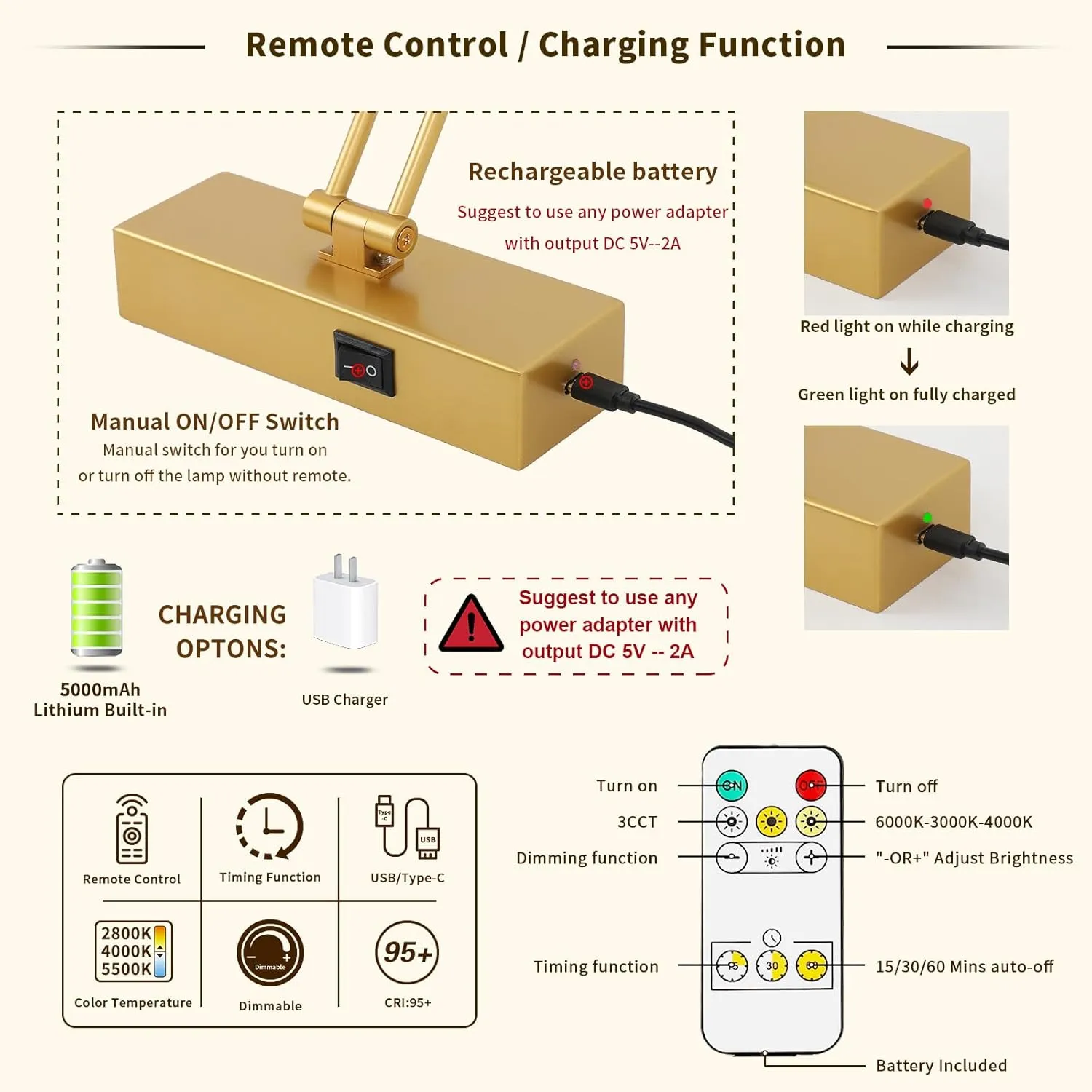 Battery Operated Picture Light with Remote - Wireless Gallery Lights, Gold 15.75in Rechargeable Display Light with Flexible Swing Arm, Dimmable Wall Sconce for Artwork on Wall
