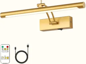 Battery Operated Picture Light with Remote - Wireless Gallery Lights, Gold 15.75in Rechargeable Display Light with Flexible Swing Arm, Dimmable Wall Sconce for Artwork on Wall