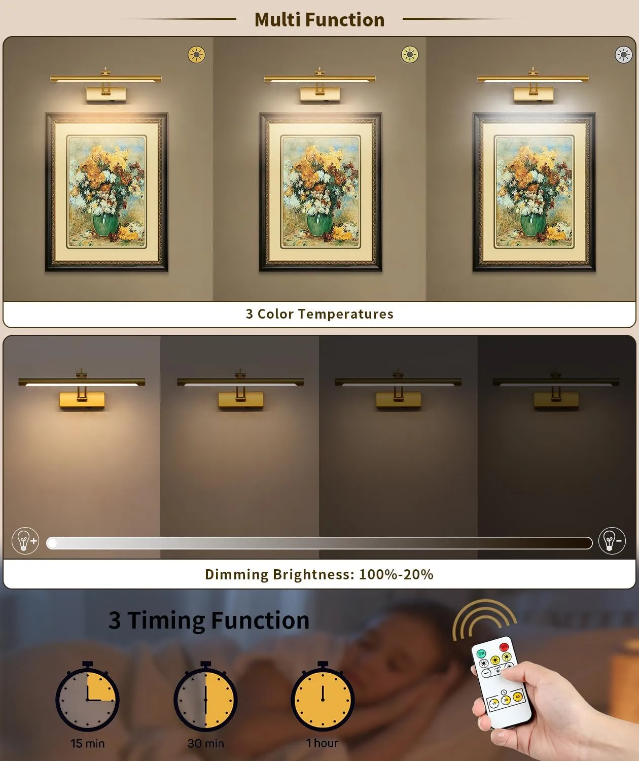Battery Operated Picture Light with Remote - Wireless Gallery Lights, Gold 15.75in Rechargeable Display Light with Flexible Swing Arm, Dimmable Wall Sconce for Artwork on Wall