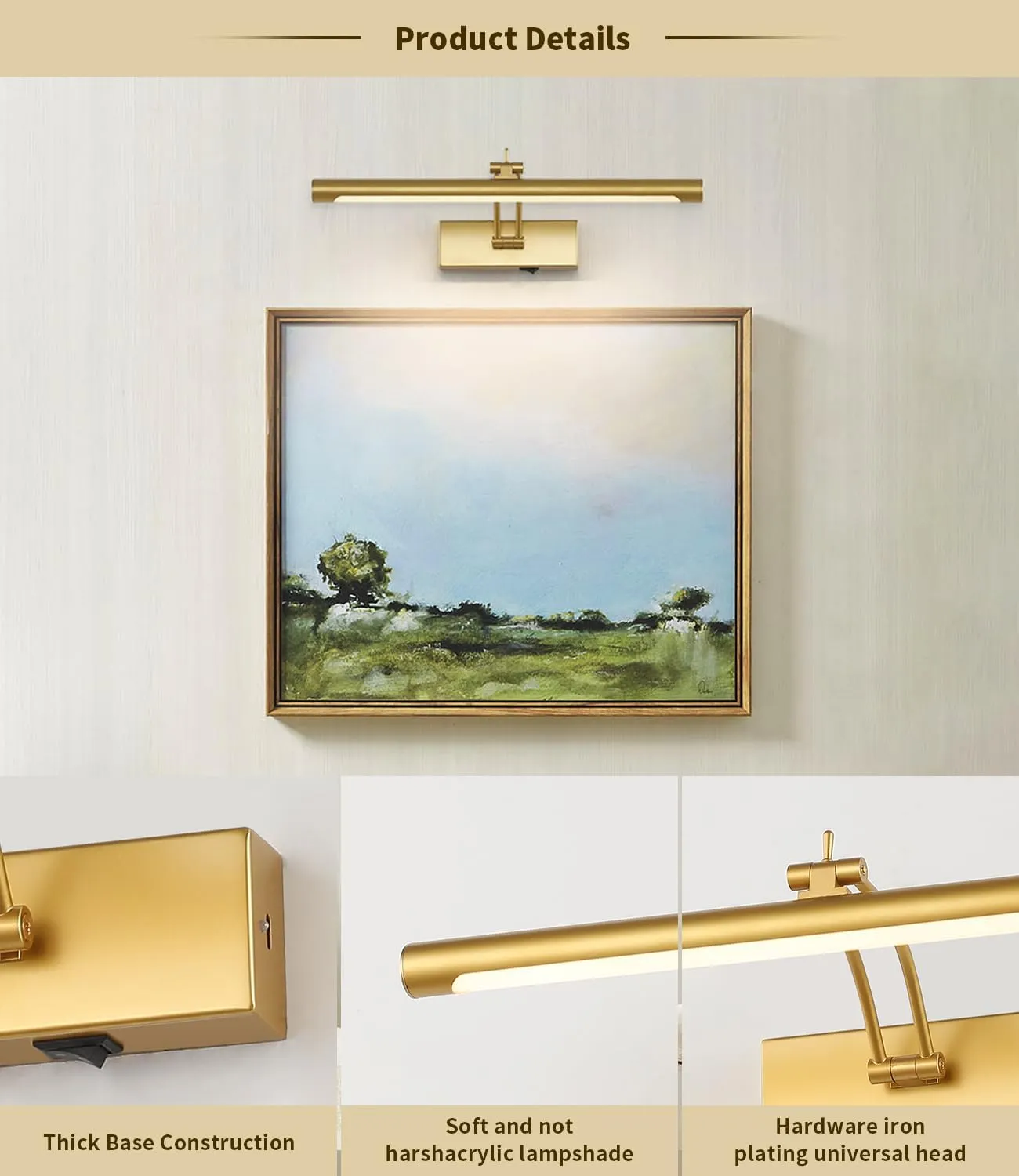 Battery Operated Picture Light with Remote - Wireless Gallery Lights, Gold 15.75in Rechargeable Display Light with Flexible Swing Arm, Dimmable Wall Sconce for Artwork on Wall