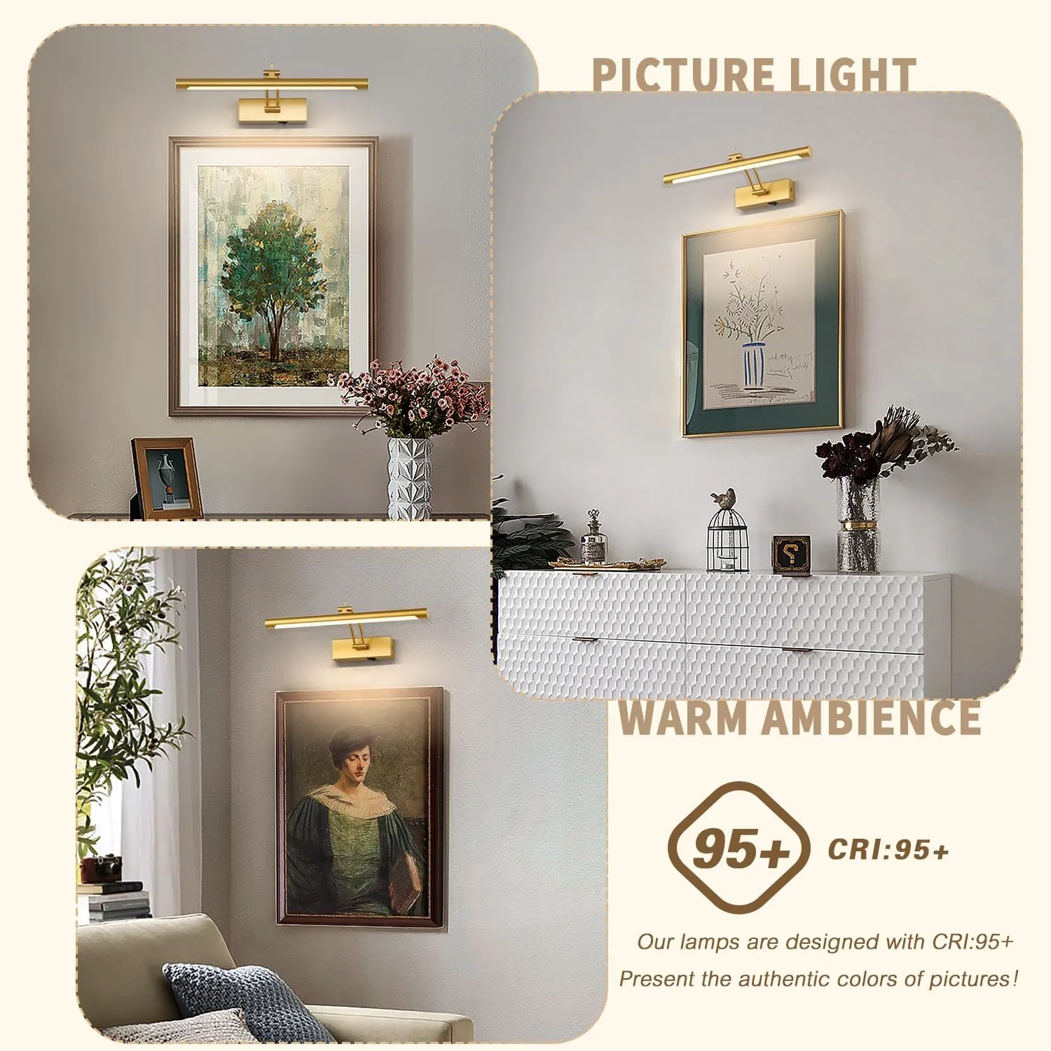 Battery Operated Picture Light with Remote - Wireless Gallery Lights, Gold 15.75in Rechargeable Display Light with Flexible Swing Arm, Dimmable Wall Sconce for Artwork on Wall