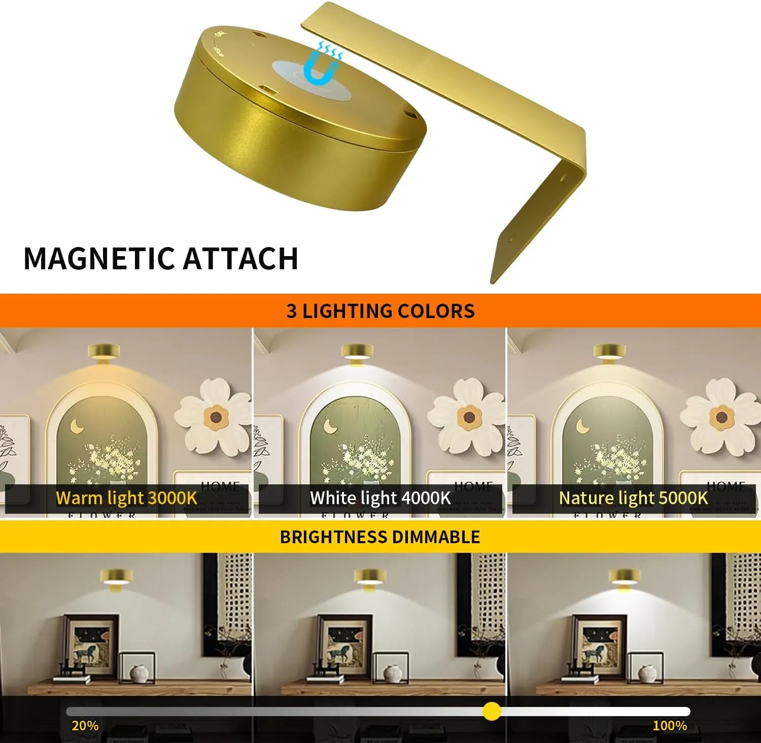Battery Picture Light 3Pack Gold,Wireless Painting Light with Remote,3 Lighting&Dimmable,Wall Art Light for Painting Accent Light &Timer for Pictures Frames Gallery Potrait Magnetic