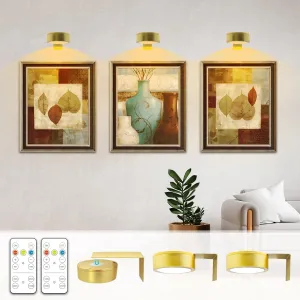 Battery Picture Light 3Pack Gold,Wireless Painting Light with Remote,3 Lighting&Dimmable,Wall Art Light for Painting Accent Light &Timer for Pictures Frames Gallery Potrait Magnetic