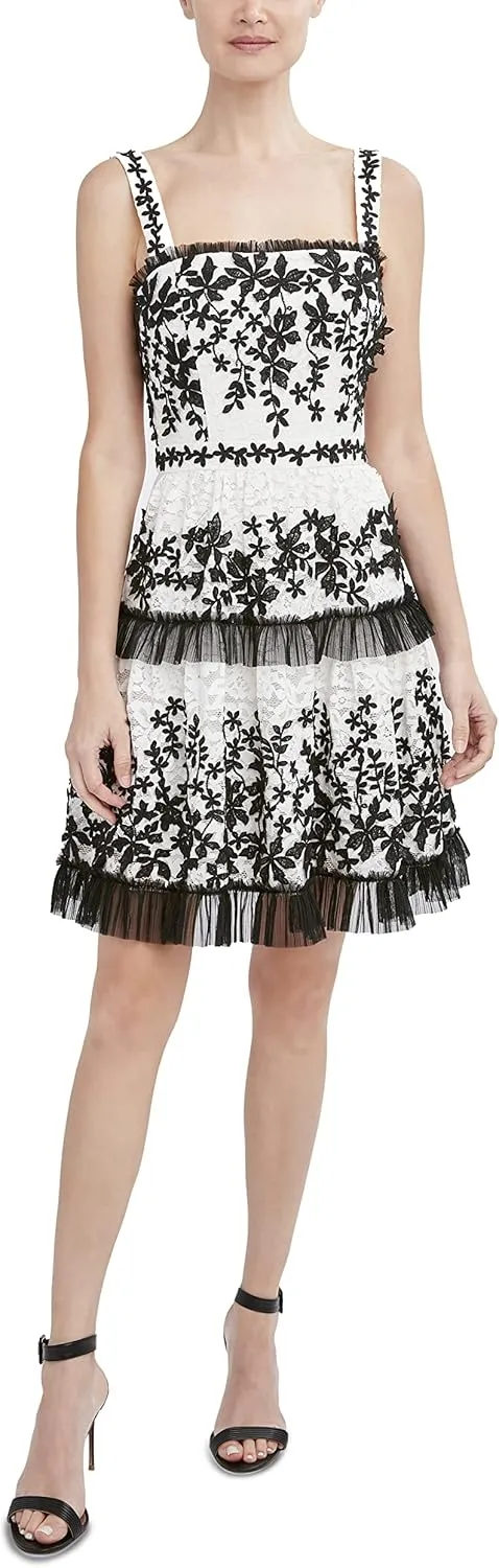 BCBGMAXAZRIA Women's Sleeveless Square Neck Embroidered Lace Short Evening Dress