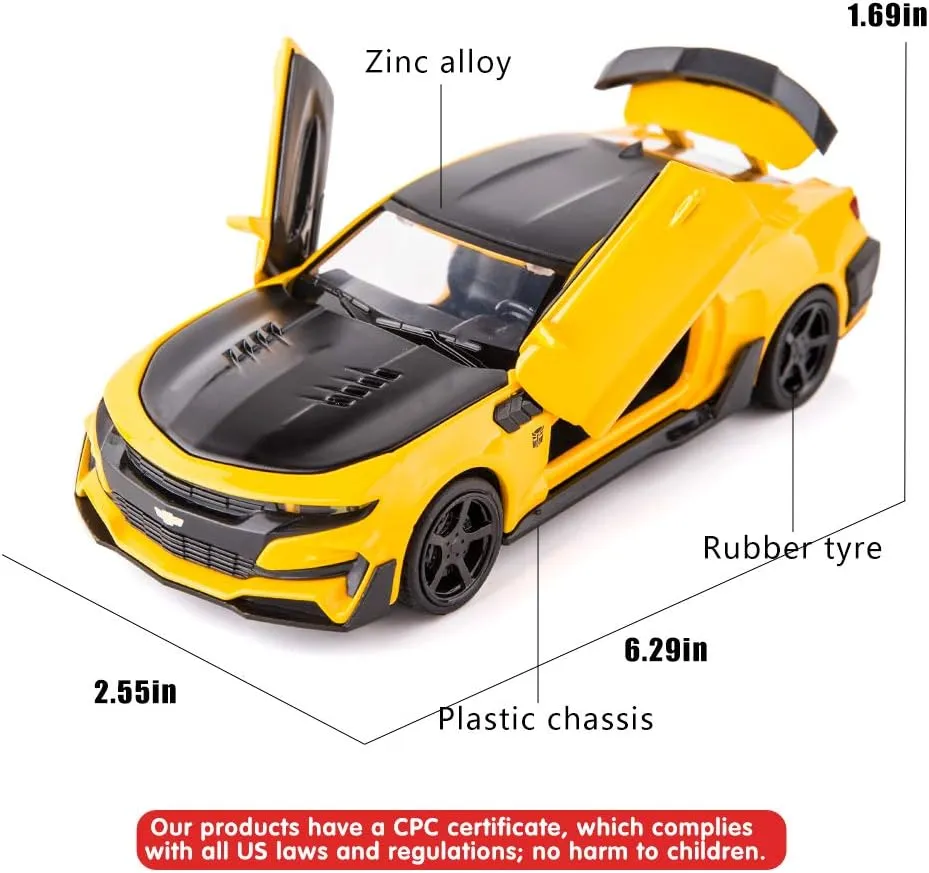 BDTCTK Camaro Bumblebee Car Model Toy 1/32 Zinc Alloy Casting Pull Back Car Sound and Light Toys for Kids Boy Girl Gift (Yellow)