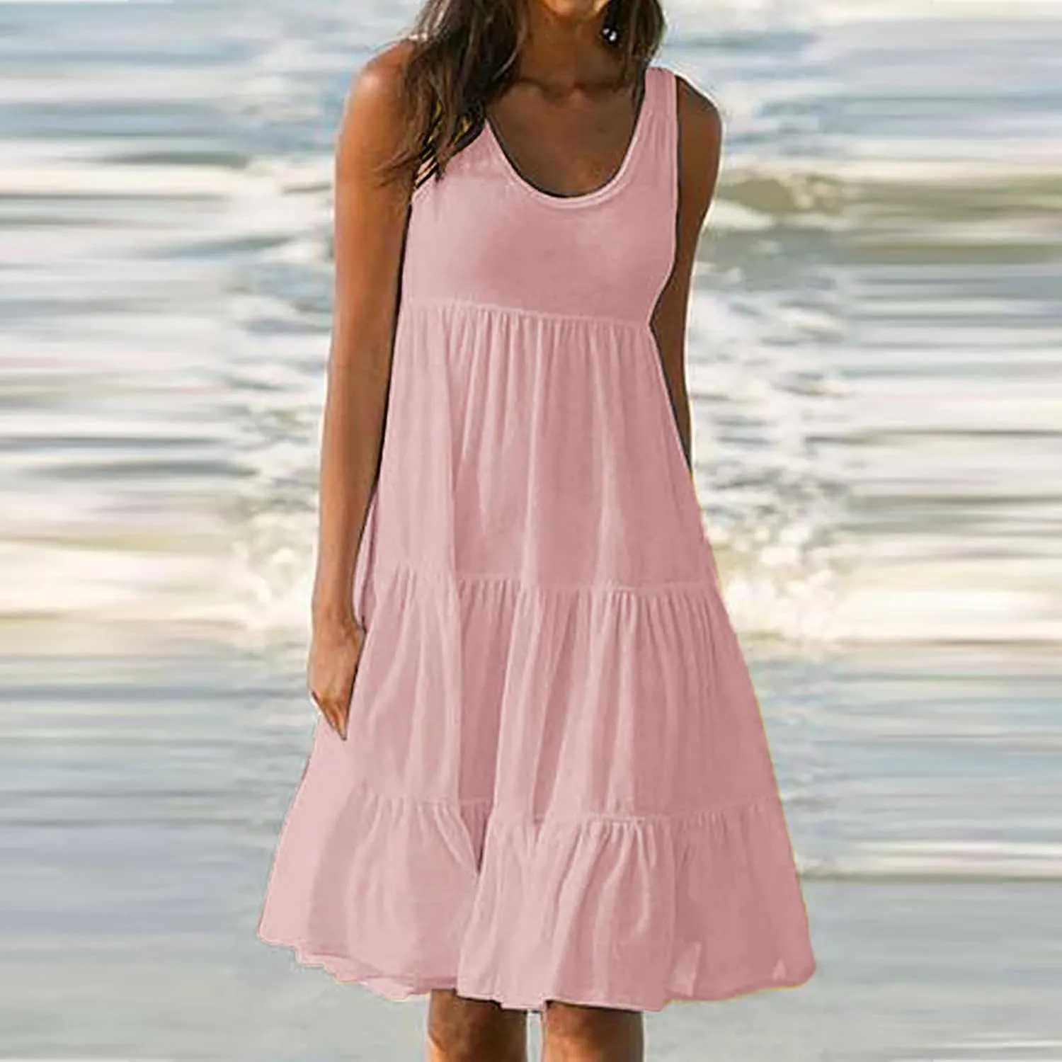 Beach Dress for Women Solid Smocked Tiered Ruffle Flowy Midi Dresses Causal Summer Sleeveless Hawaiian Beach Sundress