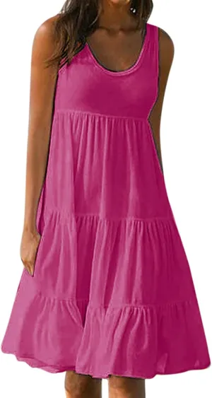 Beach Dress for Women Solid Smocked Tiered Ruffle Flowy Midi Dresses Causal Summer Sleeveless Hawaiian Beach Sundress