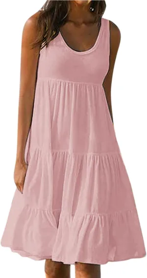 Beach Dress for Women Solid Smocked Tiered Ruffle Flowy Midi Dresses Causal Summer Sleeveless Hawaiian Beach Sundress