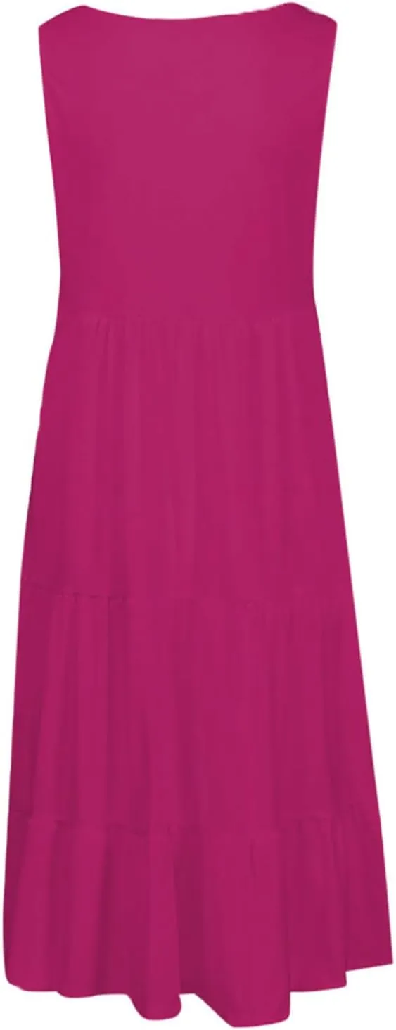 Beach Dress for Women Solid Smocked Tiered Ruffle Flowy Midi Dresses Causal Summer Sleeveless Hawaiian Beach Sundress