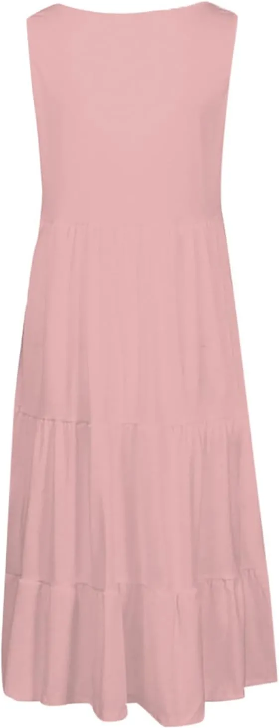 Beach Dress for Women Solid Smocked Tiered Ruffle Flowy Midi Dresses Causal Summer Sleeveless Hawaiian Beach Sundress