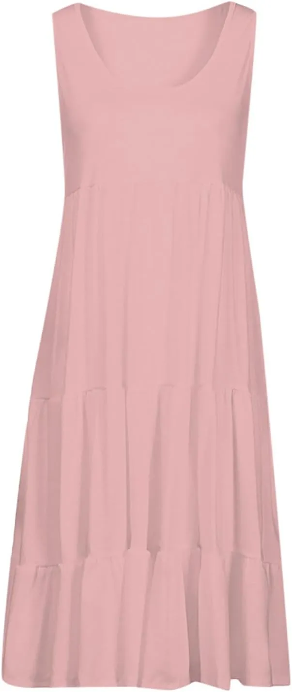 Beach Dress for Women Solid Smocked Tiered Ruffle Flowy Midi Dresses Causal Summer Sleeveless Hawaiian Beach Sundress