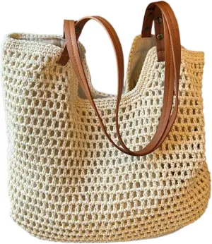 Beach Mesh Tote Bag, Leather Shoulder Strap Womens Beach Bag handbag Vacation Bag Canvas
