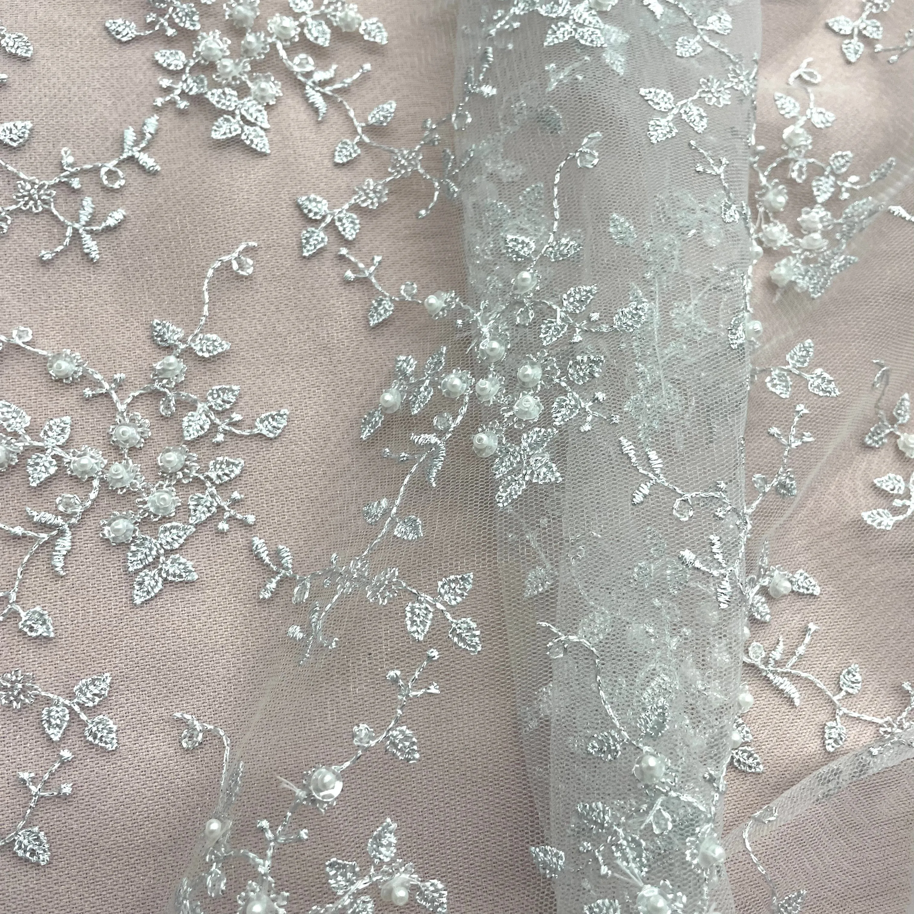 Beaded Lace Fabric Embroidered on 100% Polyester Net Mesh | Lace USA - 41608W-BP